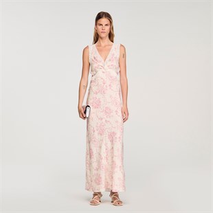 Pembe Floral Desen Güpür Detaylı Elbise