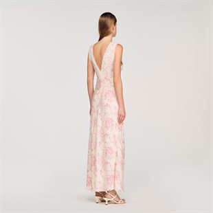 Pembe Floral Desen Güpür Detaylı Elbise