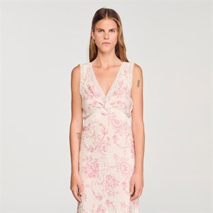 Pembe Floral Desen Güpür Detaylı Elbise