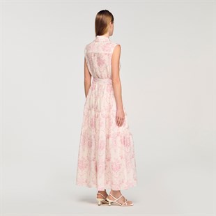 Pembe Floral Desen Uzun Elbise