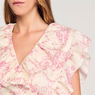 Pembe Floral Desen Volanlı Üst