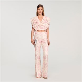 Pembe Floral Desen Volanlı Üst