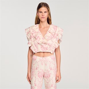 Pembe Floral Desen Volanlı Üst