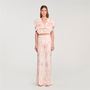 Pembe Floral Desen Volanlı Üst