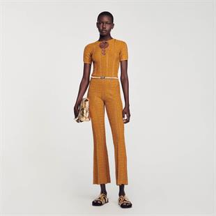 Şeritli Kahverengi Triko Pantolon