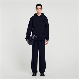 Siyah Çiçek Figürlü Kapüşonlu Sweatshirt