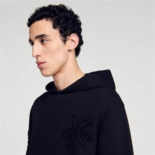 Siyah Çiçek Figürlü Kapüşonlu Sweatshirt
