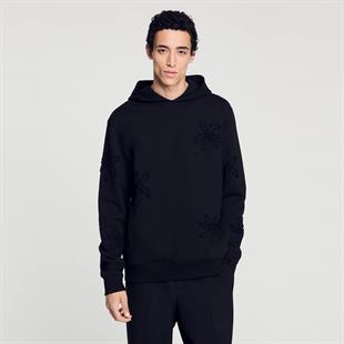 Siyah Çiçek Figürlü Kapüşonlu Sweatshirt