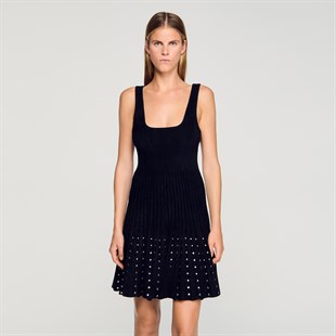 Siyah Taş Detaylı Pileli Mini Elbise