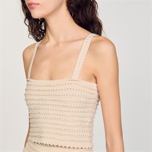 Taş İşlemeli Bej Triko