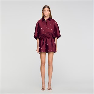 Taşlı Bordo İpek Şort