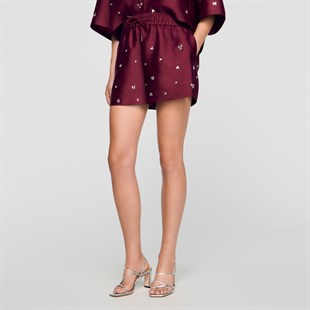 Taşlı Bordo İpek Şort