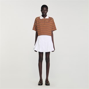 Taşlı Çizgili Crop Polo T-shirt