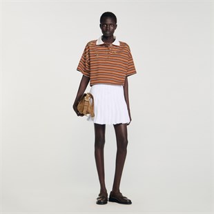 Taşlı Çizgili Crop Polo T-shirt