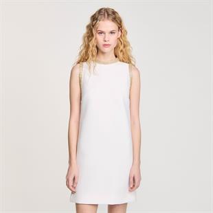 Taşlı Ekru Saten Mini Elbise