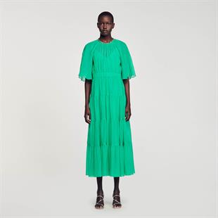 Taşlı Pileli Uzun Elbise