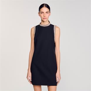 Taşlı Siyah Saten Mini Elbise