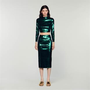 Yeşil Payetli Crop Üst