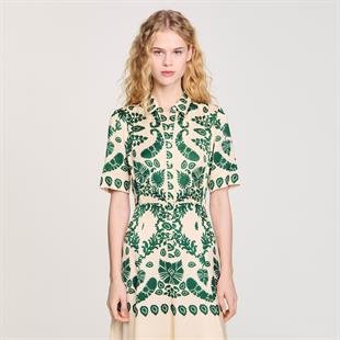 Yeşil Şal Desenli Gömlek Elbise