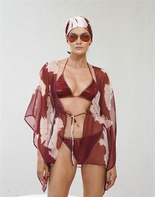 Terracotta Desenli Şifon Kimono