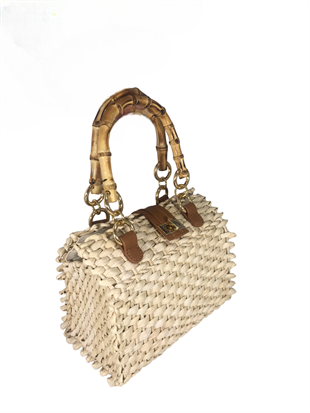 Bambu Saplı Tokalı Hasır Çanta