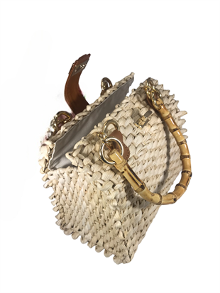 Bambu Saplı Tokalı Hasır Çanta