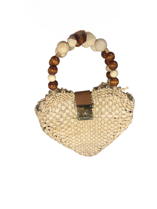 Kalp Formlu Boncuk Saplı Hasır Çanta