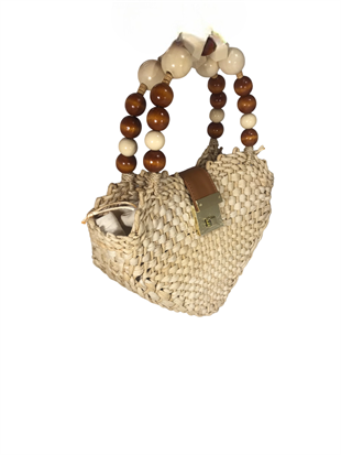 Kalp Formlu Boncuk Saplı Hasır Çanta