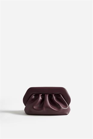 Bordo Deri Büzgü Detaylı Clutch Çanta