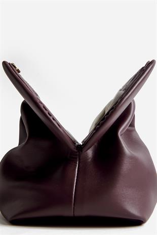 Bordo Deri Büzgü Detaylı Clutch Çanta