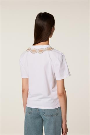 Beyaz Taş İşlemeli T-shirt
