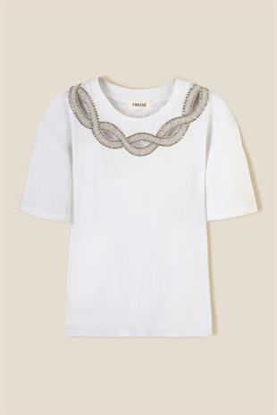 Beyaz Taş İşlemeli T-shirt