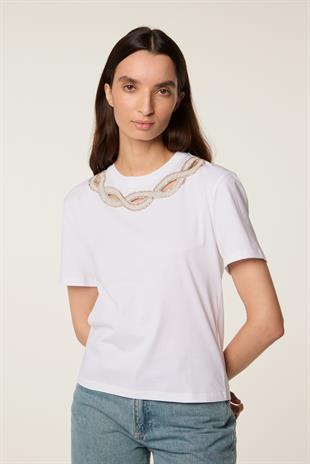 Beyaz Taş İşlemeli T-shirt