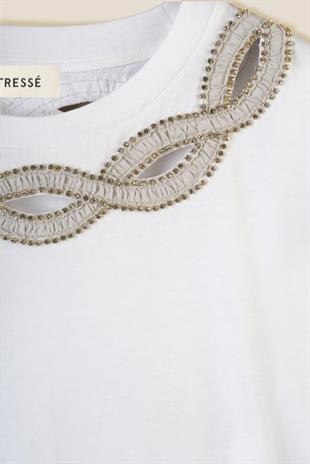 Beyaz Taş İşlemeli T-shirt