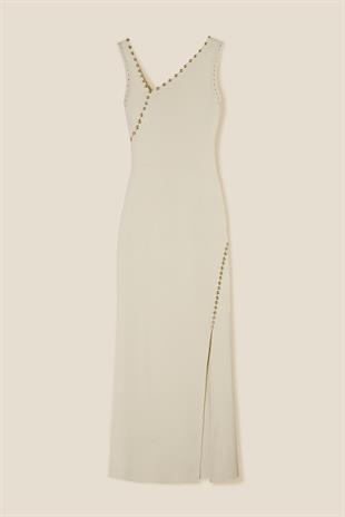 Ekru Asimetrik Yaka Triko Elbise