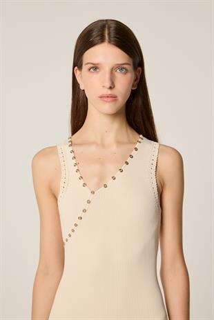 Ekru Asimetrik Yaka Triko Elbise