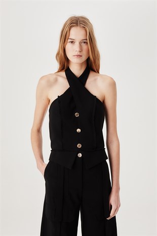 Halter Yaka Siyah Yelek