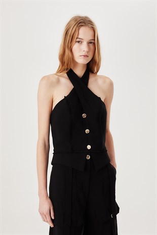 Halter Yaka Siyah Yelek