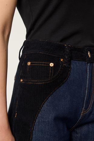 Kadife Geçişli Denim Pantolon