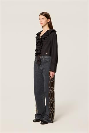 Kenar Detaylı Geniş Paça Jean Pantolon