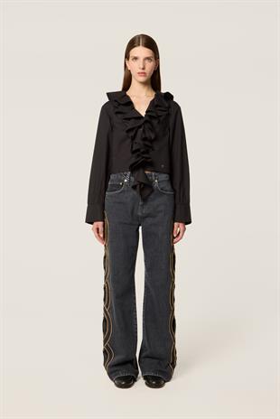 Kenar Detaylı Geniş Paça Jean Pantolon