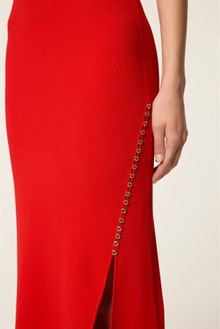 Kırmızı Asimetrik Yaka Triko Elbise