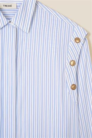 Mavi Çizgili Kol Detaylı Gömlek