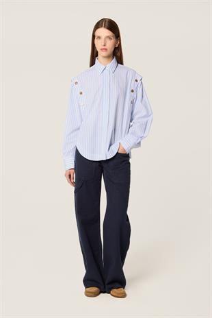 Mavi Çizgili Kol Detaylı Gömlek