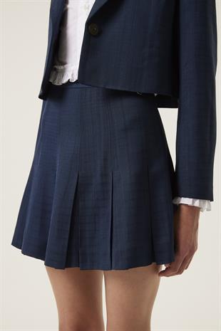 Mavi Pileli Mini Etek