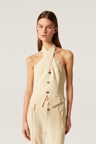 Sırt Dekolteli Ekru Üst