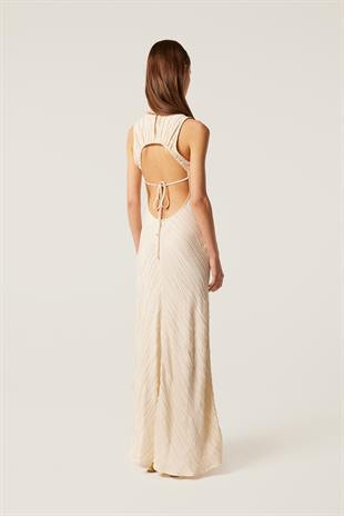 Sırt Dekolteli Uzun Ekru Elbise