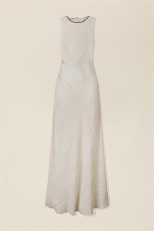 Sırt Dekolteli Uzun Ekru Elbise