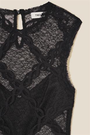 Siyah Transparan Detaylı Saten Elbise