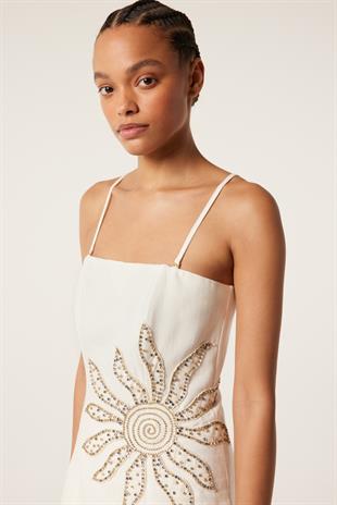 Taş İşlemeli Beyaz Mini Elbise